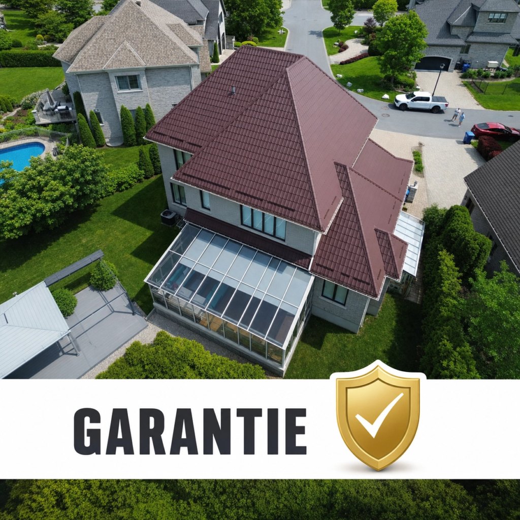 Vue aérienne d'une maison de luxe avec toiture en métal bordeaux et bandeau « GARANTIE » — illustration de la garantie d'une toiture métallique.