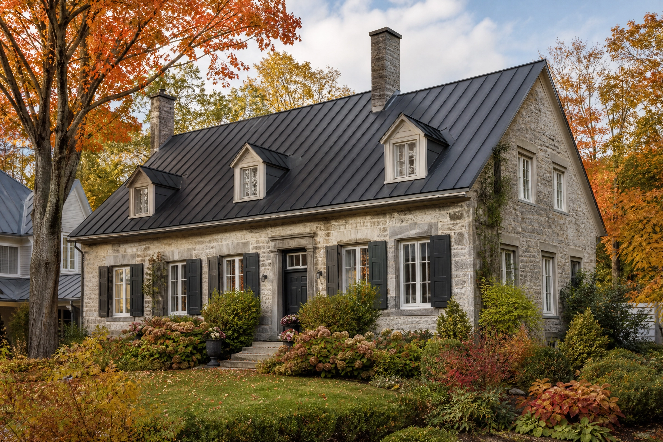 Maison en pierre coiffée d'un toit noir à joints debout en automne, illustrant la durée de vie d'une toiture métallique.