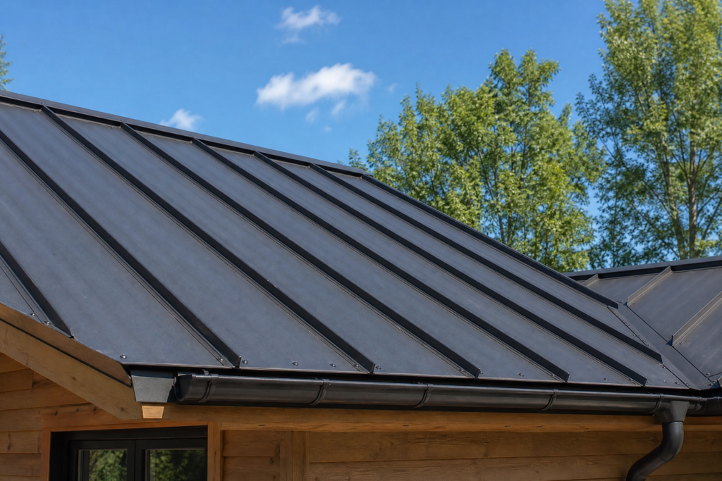 Entretien d'une toiture métallique noire à joints debout sur une maison en bois, sous un ciel bleu ensoleillé
