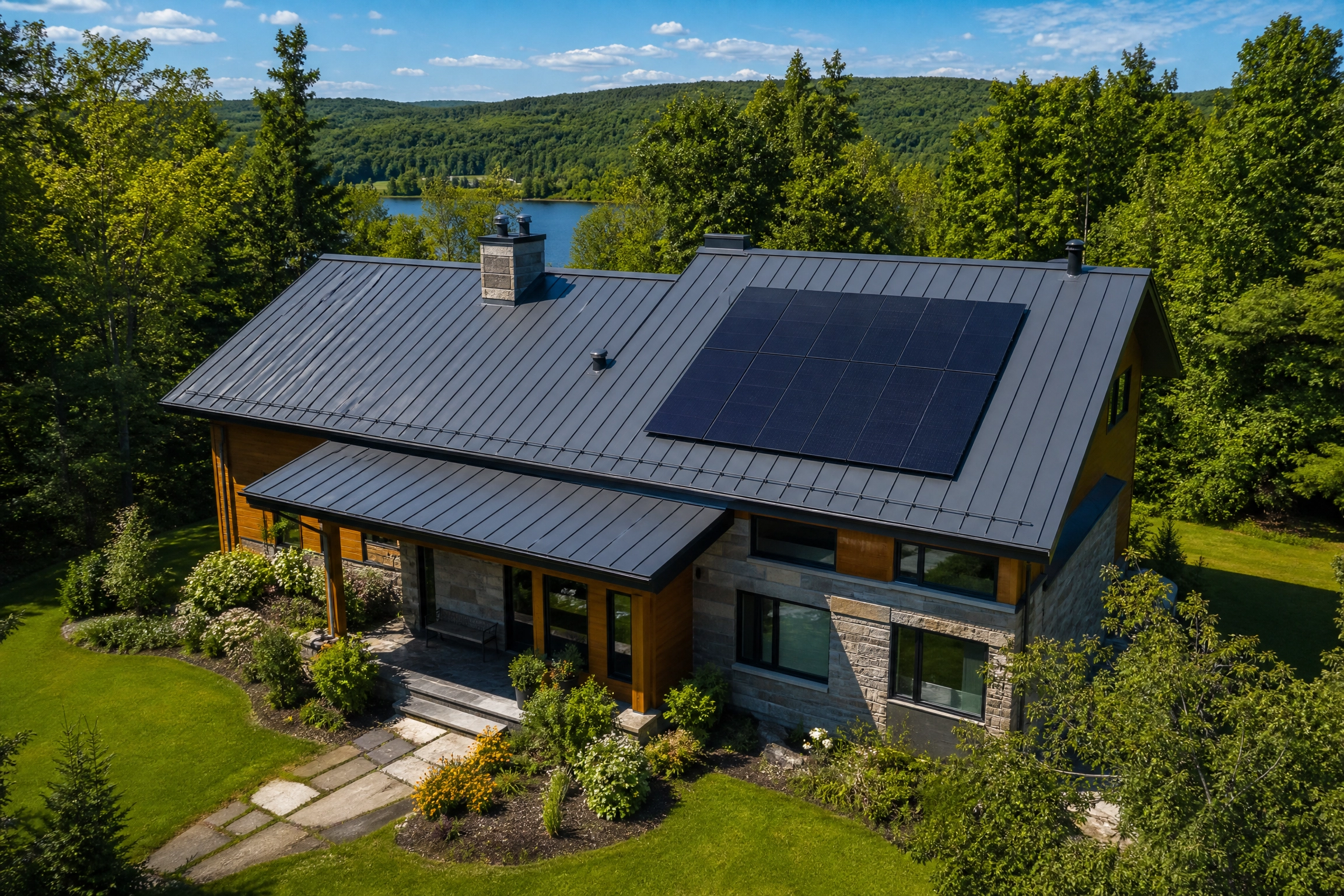 Impact écologique d'un toit en métal : maison en pierre et bois avec toiture métallique et panneaux solaires, entourée de forêt en bord de lac