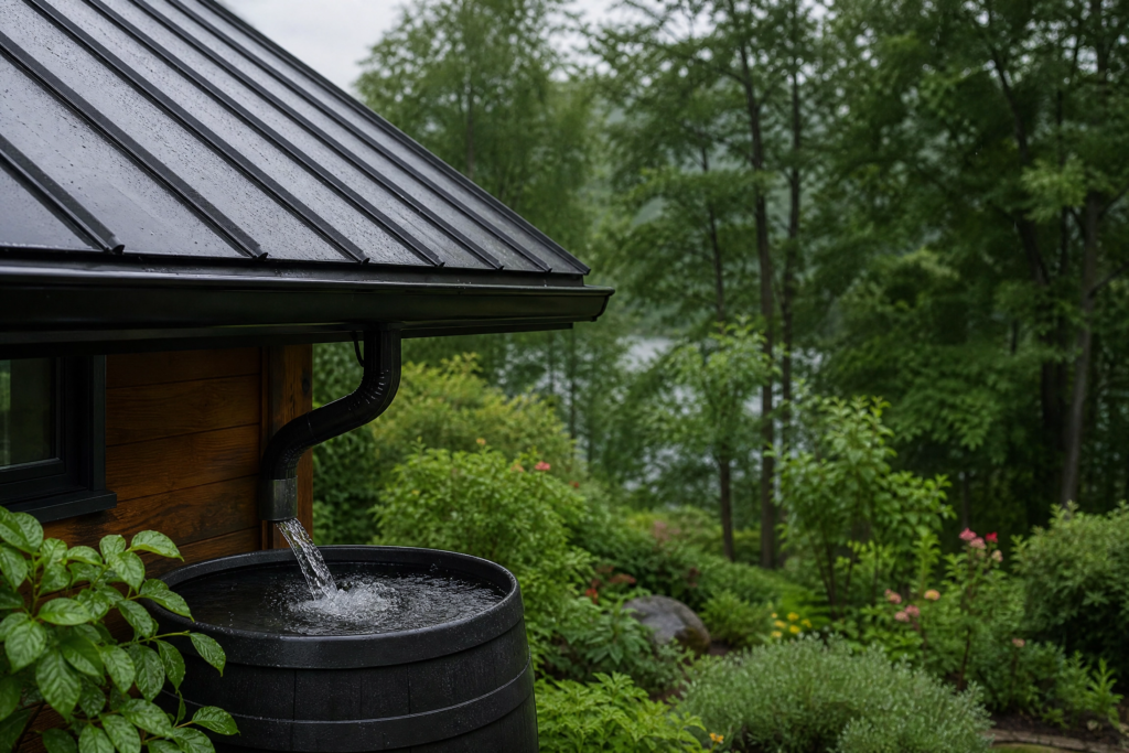 Impact écologique d'un toit en métal : eau de pluie s'écoulant d'une gouttière vers un baril de récupération, dans un jardin verdoyant