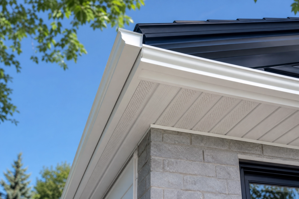 Gros plan sur le coin d'un toit noir montrant les soffites perforés et fascias blancs sous un ciel bleu.