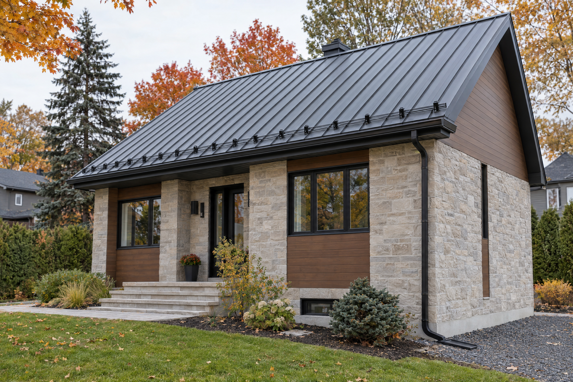 Maison en pierre et bois au toit noir à joints debout avec gouttières pour toiture métallique et descente pluviale.