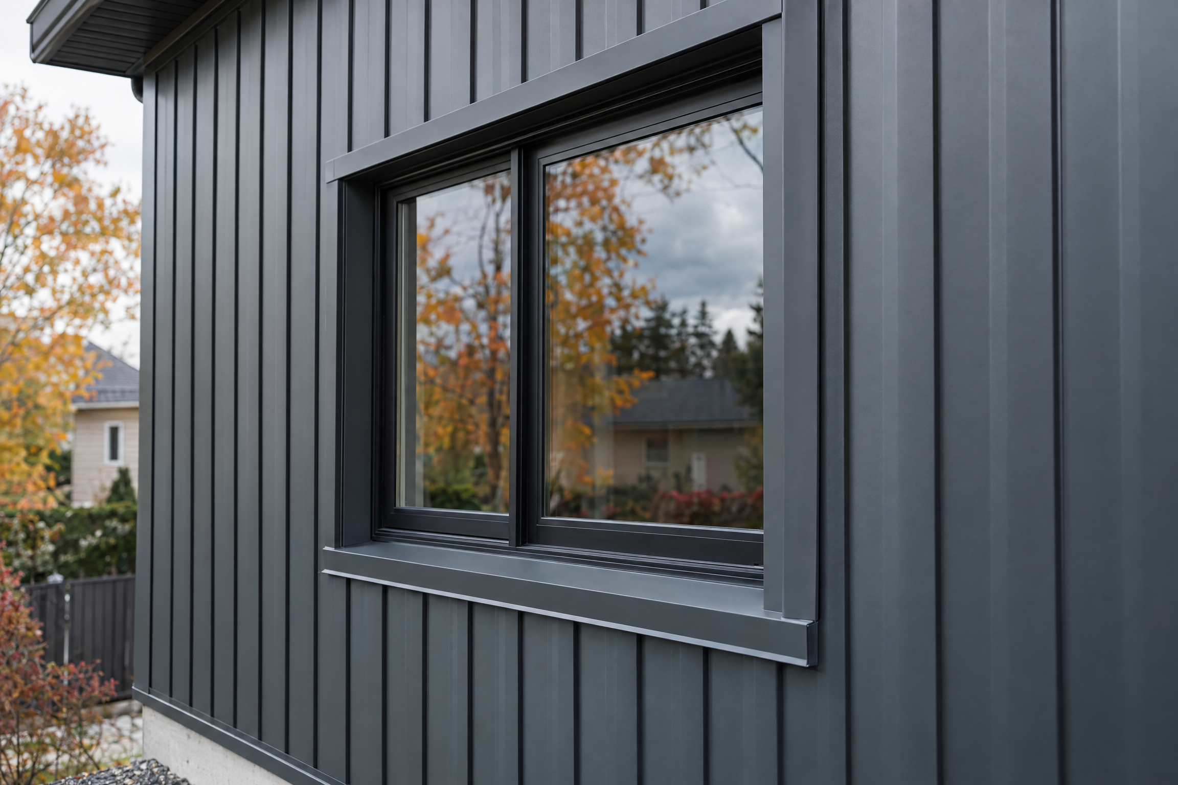 Gros plan sur une fenêtre noire entourée d'un revêtement extérieur en acier gris foncé à profil vertical.