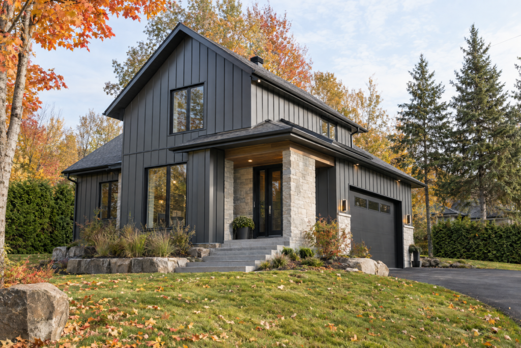 Maison moderne en automne habillée d'un revêtement extérieur en acier noir à joints verticaux et d'accents de pierre.