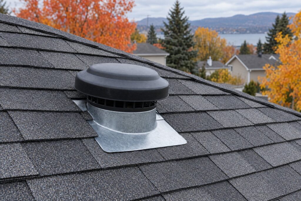Ventilateur de toit noir posé sur sa base métallique dans les bardeaux, un solin de toiture qui assure l'étanchéité.