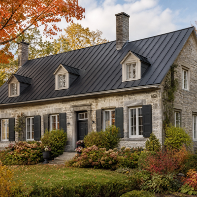 Maison en pierre coiffée d'un toit noir à joints debout en automne, illustrant la durée de vie d'une toiture métallique.