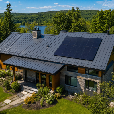 Impact écologique d'un toit en métal : maison en pierre et bois avec toiture métallique et panneaux solaires, entourée de forêt en bord de lac