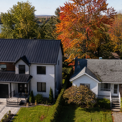 Rentabilité d'un toit en métal : vue aérienne d'une maison au toit métallique noir à côté d'une maison au toit en bardeaux, en bord de rivière à l'automne